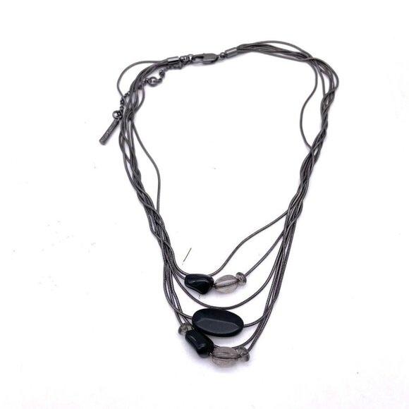 Kenneth Cole Black Gemstone Silver Plated Three Tier Statement Necklace 19.5" - Picture 1 of 7